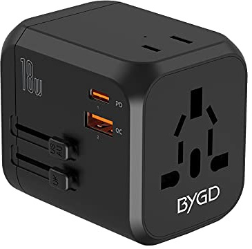 BYGD Reiseadapter Weltweit, Universal Steckdosenadapter Mit 3 USB Ports und AC, Reisestecker Adapter Internationale für USA Europa UK Asia usw