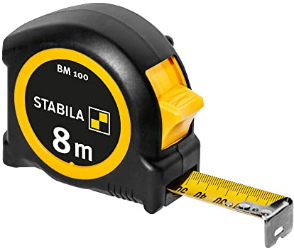 STABILA Taschenbandmaß BM 100, 8 m, Maßband mit metrischer 1000er-Skala, bruchsicheres ABS-Gehäuse, beweglicher Anfangshaken, Gürtel-Clip, MID-Genauigkeit