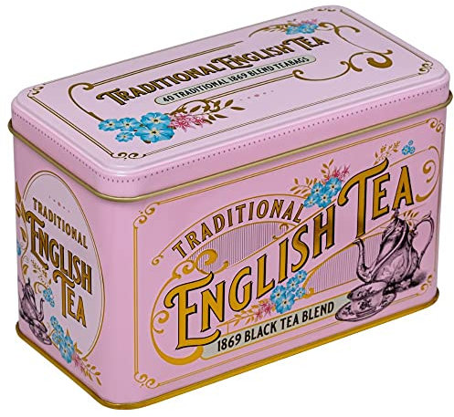 New English Teas Vintage Victorian Tea Tin in Pink with 40 English Breakfast 1869 Blend Teabags