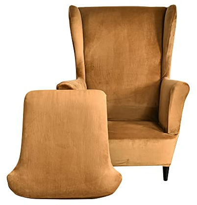 Highdi 2Teilig Ohrensessel Überzug aus Samt,Sessel-Überwürfe Ohrensessel Schonbezüge Bezug Sesselhusse Elastisch Stretch Tiger Stuhlbezug mit Armlehne Hohe Rückenlehne Universal (Khaki)