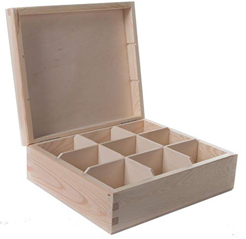 WooDeeDoo Wooden Decorative Box with 9 Compartments | 24 x 21 x 8 cm | Accessories Storage Case Tea Bag Sewing Jewellery Caddy Organiser Divided Sections| Natural Unpainted & Untreated Wood for Craft