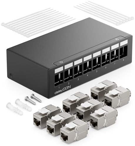 deleyCON Patch Panel 8 Porte Set Sezionatore 1RU + 8 Moduli Keystone Jack RJ45 STP CAT6a Compatibile con Cavo di Installazione CAT5 CAT6 CAT6a CAT7 Cavo di Rete Ethernet LAN DSL - Nero