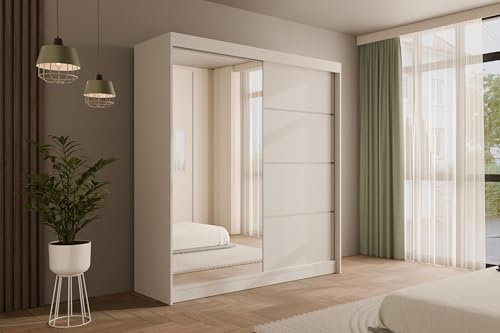 ALTDECOR Kleiderschrank mit Spiegel und Schiebetüren, kugelgelagerte Führungsschienen und Aluminium-Leisten - PAOKI - 200 cm Weiß