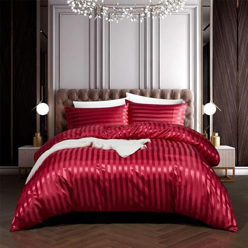 Tospass Satin Bettwäsche 135x200 cm Rot Glatt Weinrot Bettwäsche Set Luxus Seide Deckenbezug Glanzsatin Einfarbig Glänzend Gestreift Bettbezug Bettbezug mit Reißverschluss 1 Kissenbezug 80x80cm