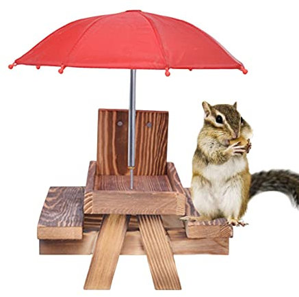 Eichhörnchen-Feeder, Eichhörnchen Futterhaus, Eichhörnchen-Futtertisch Mit Regenschirm, Wetterfest Eichhörnchen Picknicktisch Holz, Garten Eichhörnchen Maiskolbenhalter, Inklusive Befestigungsschraube