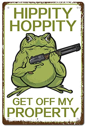 CREATCABIN Frog Warning Sign Hippity Hoppity Get off My Property Tin Sign Wall Decor Art Metal Poster Vintage Retro Hanging Iron Painting Plaque for Home Garden Gifts Decorations 8 x 12 Inch