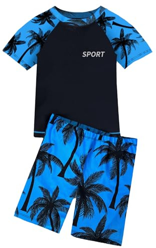 Runhomal Baddräkt för barn, pojke, anti-UV, kortärmad t-shirt med rashguard-badshorts för surfing, simning, dykning, strand, sport, tonåring, 3–16 år, A Blue, 14-16 ans