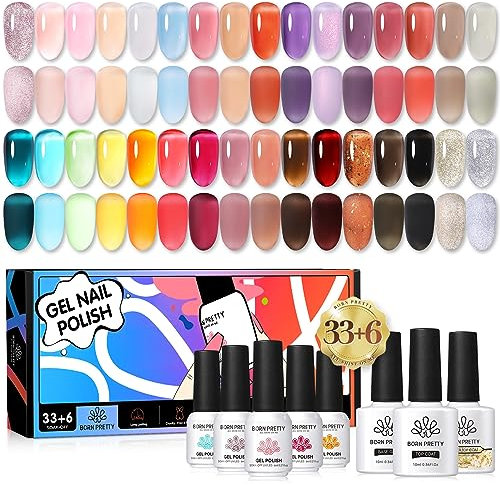 BORN PRETTY UV Nagellack Nude Gelee Kristall Rot Weiß Gel Nagellack 39PCS Gellack Set Top Coat Base Nagelkleber Matte Glitzer Gelnägel Nägel Selber Set