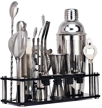 Cocktail Set Cocktail Shaker Set Cocktail Zubehör 20 Stück Cocktail-Shaker, Barkeeper-Zubehör, Edelstahl-Set, Werkzeug Mit Acryl-Display-Ständer Barkeeper Set Bar Set (Color : Silver, Size : 750ml)