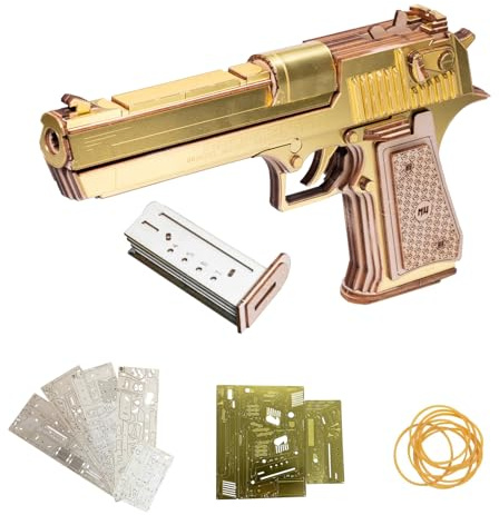 MU Wood Puzzle for Adult Desert Eagle-Golden Armour Defender Rubber Band Gun Building, AK47 Revolver Pistol Toys 3D Metal Puzzles Model Kits, Handgun DIY Kits Xmas Birthday Gifts Desk Decor