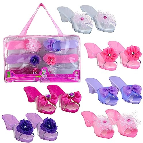 EXPRESSIONS 6pc Dress Up Royalty Shoes with Heels Set in Carrying Bag - Fits Toddler Shoe Size 7-10 - Toddler Girls Kids Toys Role Play Playset