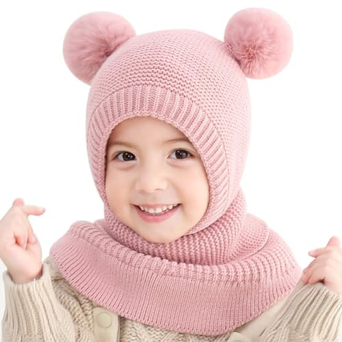 URFEDA Schlupfmütze Kinder Winter Warme,Baby Beanie Stricken Wintermütze Jungen Mädchen Schalmütze Niedlich Strickmütze Kindermütze mit Bommel Fleecefutter Mütze Schal Set für 3-6 Jahre alt Baby