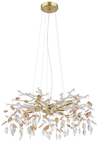 Pendellampe Hängeleuchte Kronleuchter Luster Esstischleuchte Glas Blätter Kristalle, Metall, 8x G9 Fassungen, DxH 61x120 cm