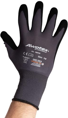 AWOTEX Montagehandschuh Nitril Größe 10 I 24 Stück Arbeitshandschuhe mit Nitrilschaum-Beschichtung I Gummi Handschuhe I Work Gloves 90% Nylon I Handschuhe Arbeitshandschuhe wasserdicht