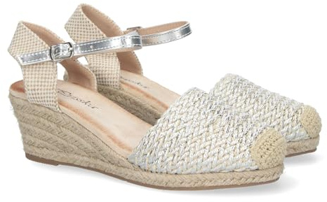 81298-Sandalia de Cuna para Mujer, Estilo Valenciana, Forrada de Yute, Pala de Rafia, y Cierre de Hebilla, Primavera Verano 2023. Talla 36 Plata