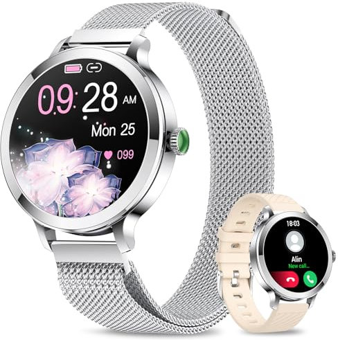niolina Smartwatch Damen mit Telefonfunktion, 1.106 AMOLED Small Screen Smart Watch für Android iOS, IP68 Wasserdicht Armbanduhr mit 120+ Sport, Fitnessuhr für Pulsuhr/Schrittzähler/SpO2 (Silber)