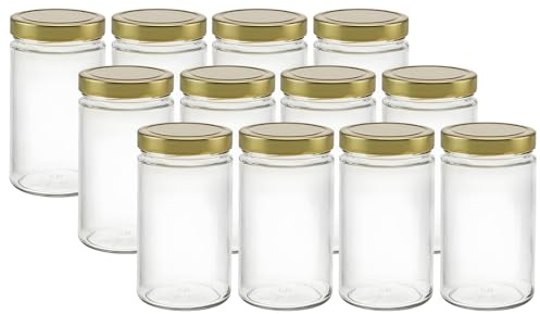 Vitrea 12x Sturzgläser 720ml - Einmachgläser Einweckgläser Schraubgläser - Marmeladengläser mit Schraub-Deckel DEEP TO 82 - Gold- Made in Germany