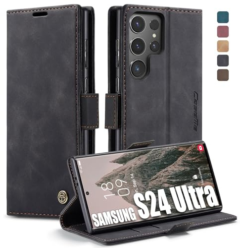 Lxisxcna Schutzhülle für Samsung Galaxy S24 Ultra 5G mit Kartenhalter, magnetischem Ständer, Premium Lederhülle Klappbar Flip Case Tasche Schutzhüllefür Samsung Galaxy S24 Ultra 5G 6,8 Zoll (Schwarz)