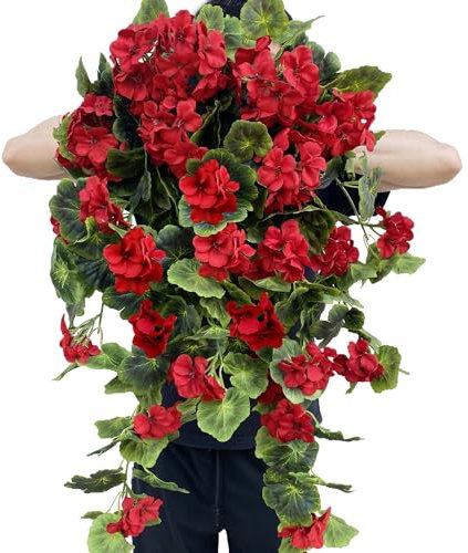 Dophinena Pack of 2 - Artificial Geraniums Hanging Bundles Full Blooms Silk Flower Plants Geranium Vines for Home Garden Wedding Indoor Outdoor Decor (Red Hanging - 2 Pack)