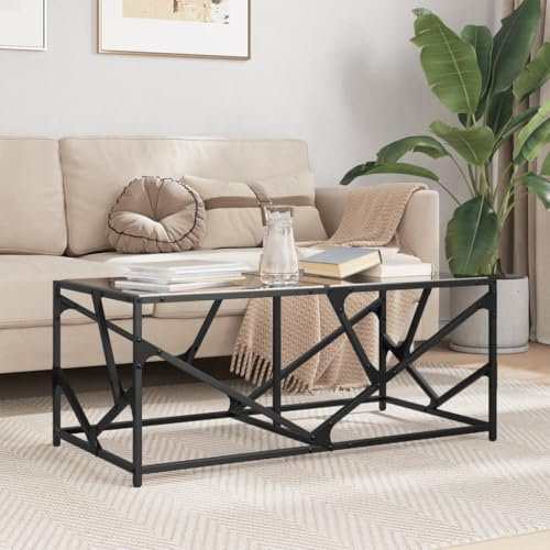 Baziroo Table basse avec plateau en verre 98,5 x 50 x 41 cm - Pour téléphone, salon, salle d'attente, table d'appoint, table d'appoint - Matériaux en bois et acier et verre noir