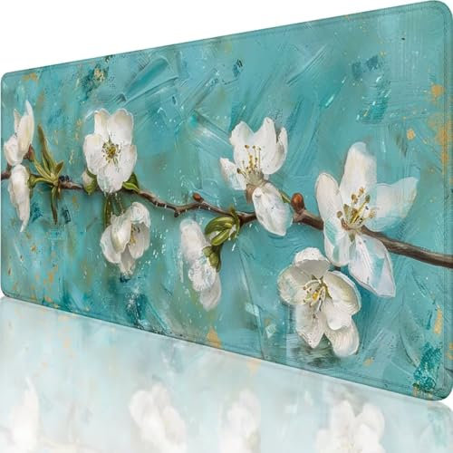 Blau Mauspad XXL 800 x 300, Erweiterte Groß Mousepad Blume, Wasserfest Schreibtischunterlage Vernähte Kanten Design, Mouse Pad mit rutschfeste Gummibasis für Pc Büro Deko, Geschenke für Frauen m-W