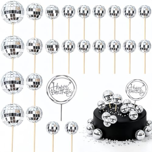 Dmnnlp 24 Stück Discokugel Tortendeko Set mit Happy Birthday Topper, Klein Discokugel Cupcake Deko, Disco Deko Silberne Spiegelkugel für Disco-Themenparty, Geburtstagskuchen Zubehör
