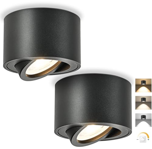 GeyouLux LED Aufbauspots Dimmbar, Ø80x50mm Deckenspots Schwarz Rund 2 Stück | Extra Flach & 30° Schwenkbar, inkl. 5W 500LM LED Modul 230V, 3000K/4000K/6500K Aufbauleuchte Aufputz Spots Aufbaustrahler