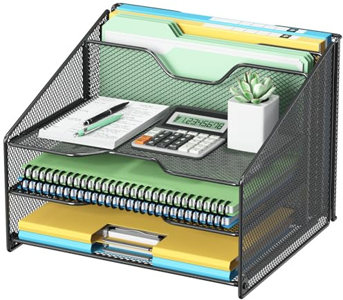 OUTWOLF Schreibtisch Organizer mit Aktenhalter, 3-stufiger Papier Organizer+ 2 Vertikalen Fächern, Mesh Metall Schreibtisch Akten Organizer für A4-Aktenordner, Papier, Buch, Bürobedarf, Glanzschwarz