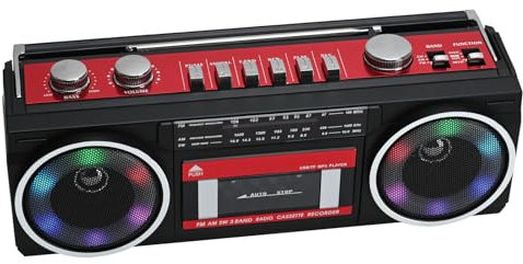 Tragbare Kassettenspieler Boombox AM/FM/SW Radio Stereo, CasetteTape Player Recorder, MP3 Bluetooth USB RGB Lichter TF Karte (Rot)
