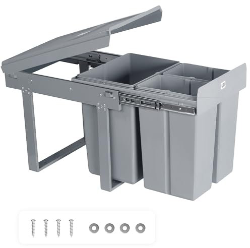 LVJ Mülltrennsystem 40L (1x20L + 2x10L) – Ausziehbarer Einbaumülleimer für Küchenunterschrank, 47.8 x 34.8 x 41.7 cm, Grau