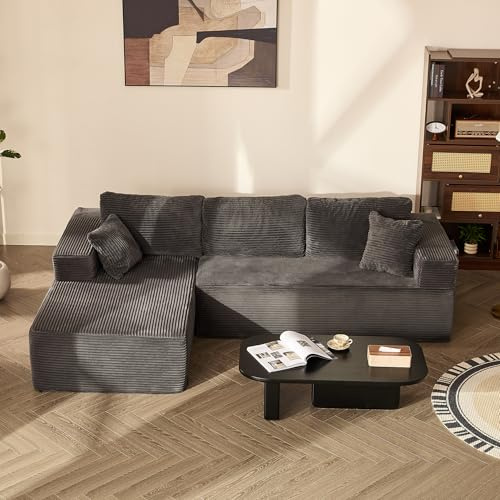 Litbird 272cm L-Shaped Boneless Sofa, Corduroy Fabric, Grey | No Assembly Required, Deep Seat Design, Soft Corduroy Upholstery, Flexible Modular Layout