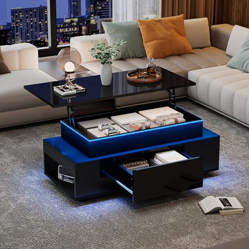 Merax Couchtisch mit LED, höhenverstellbarer Wohnzimmertisch, Modern Hochglanz Kaffeetisch mit Schubladen, Versteckter Stauraum, offenes Fach, Sofatisch umwandelbar in Esstisch, Schwarz, 96x45x40cm