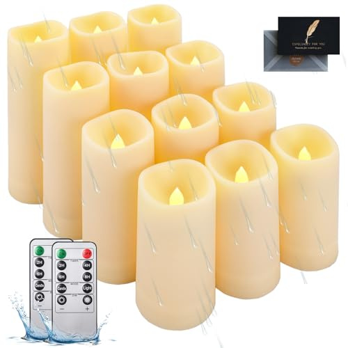 KIMIGO Bougie extérieure étanche,Bougies à LED Lot de 12,Bougies Sans Flamme,Flamme LED Clignotante,Bougie sans Flamme avec télécommande et fonction minuterie 24 heure