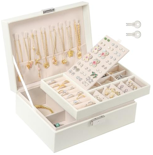 WRSION Jewellery Box Organiser, 2 Layer Jewelry Organizer with 2 Keys, Large PU Leather Jewelry Storage Case with Removable Tray for Rings Earrings Necklace Bracelets, Jewellery Box for Women Girls