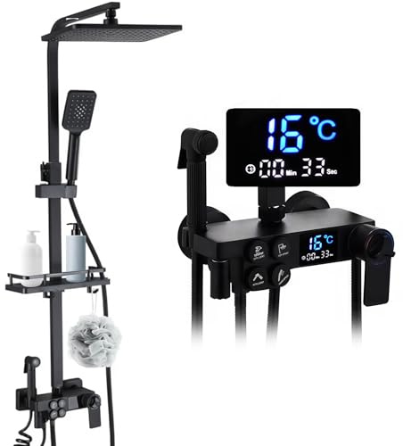 Colonna Doccia Con Miscelatore Termostatico, Set Doccia con Soffione e Doccetta, Kit Doccia Completo Acciaio Inox, Gruppo Doccia Completa Sistema Docce Shower con Display LED e Regolabili Asta Doccia
