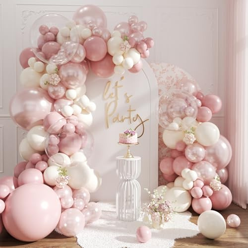 NUTTYBASH Dusty Pink Balloon Arch Kit,Double Stuffed Pearl White Balloon Garland Kit for Wedding Birthday Baby Shower Gender Reveal Bridal Engagements Decorations