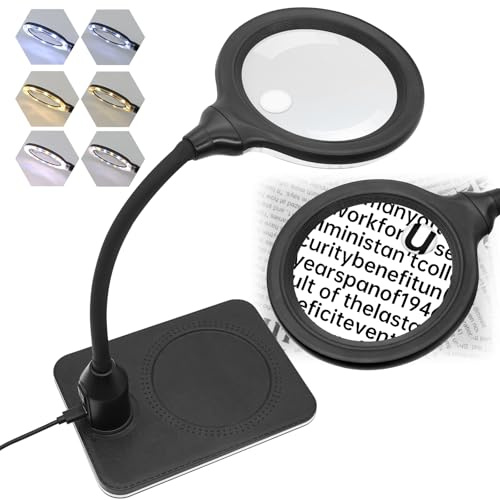 15X 30X Rechargeable Magnifying Glass with Light and Stand, 3600mAh 5 Inch LED Magnifier, 6 Color Modes, Flexible Gooseneck Desk Lamp for Jewelry, Reading, Hobbies & Close Work