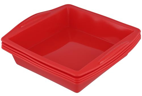 SINJEUN 4 Stück Silikon Backform Quadratisch, 26cm Rot Quadratisch Brownie Backform, Silikon Kuchenform Eckig für Kuchen, Brownies und Gebäck(26 x 24,3 x 5 cm)
