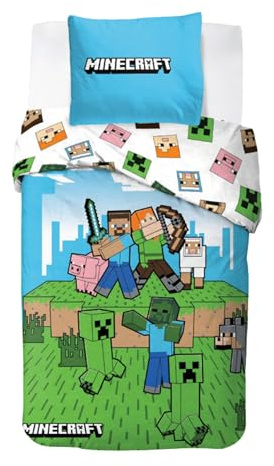 Minecraft Bettwäsche 135x200 + 80x80 cm – Offiziell lizenziert, 100% Baumwolle, Öko-Tex Zertifiziert, Reißverschluss – Kuschelig & Atmungsaktiv für Kinder