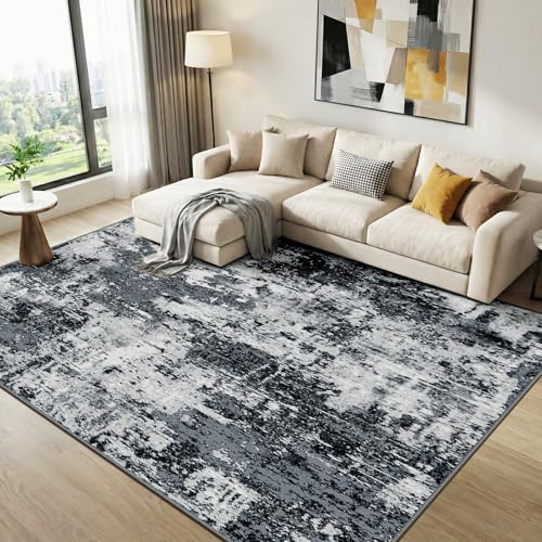 DEFYNEE Wohnzimmer Teppich 150 x 210 cm | Rutschfester Kurzflorteppich in abstraktem Design | Waschbar für Schlafzimmer & Homeoffice, Schwarz
