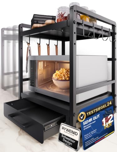 Mikrowellenregal mit Schublade höhenverstellbar, Regal Mikrowelle schwarz | Küchenorganizer Regal für Arbeitsplatte, stabil bis 50kg, erweiterbar 40-64cm, Küchenregal für maximale Ordnung in der Küche