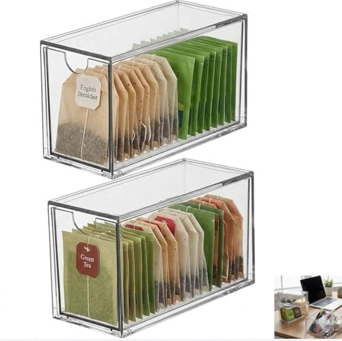 SVUPUE Acrylic Tea Bag Drawer Organizer,Clear Stackable Coffee Capsules,Boxes with Drawers,Tea Packet Storage Holder Kitchen Spice Packet Storage Organizer(2 Pack)