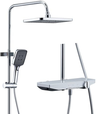 Colonne de Douche avec Mitigeur, Ensemble de Douche Or en Laiton, 3 Modes Système de Douche avec Étagère, Bec de Baignoire Caché, 25cm Pommeau de Douche Pluie et Douchette, Réglable en Hauteur