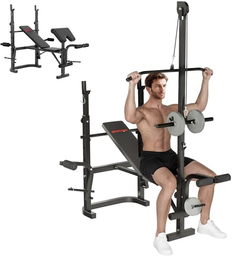 SPORTNOW Panca Palestra Multifunzione Regolabile con Rack Bilanciere, Panca Preacher Curl, Panca Pesi Inclinabile Piana con Leg Extension, Barra Lat Pull Down, Allenamento Palestra Casa, Nero