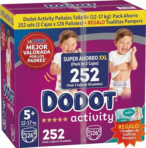 Dodot Activity Pañales Talla 5+, 12-17 kg, Pack 2 Cajas de 126 uds (252 Pañales en Total) + REGALO Toallitas Pampers