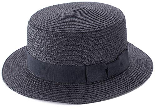 Lawliet Lady Boater Sun Caps Ribbon Round Flat Top Straw Beach Hat Summer Hats for Women