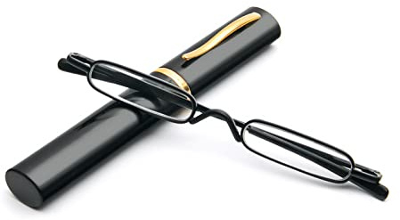 KoKoBin Mini Schmal Lesebrille Federscharnier Metall Lesehilfe Unisex-Sehhilfe mit Etui(Schwarz，+2.5)