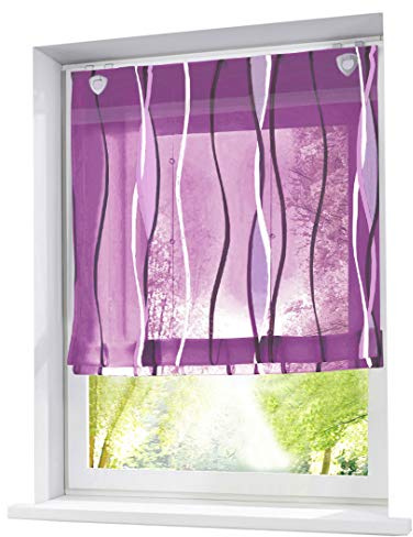 Raffrollo mit farbigen Wellen Druck Rollos Schlaufen Voile Vorhang (BxH 100x140cm, Violett mit U-Haken)