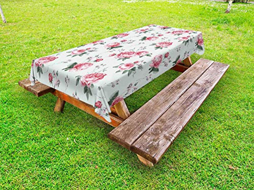 ABAKUHAUS Rose Outdoor-Tischdecke, Rosa Blüten-Englisch Flora, dekorative waschbare Picknick-Tischdecke, 145 x 210 cm, Reseda-Grün-Rosa