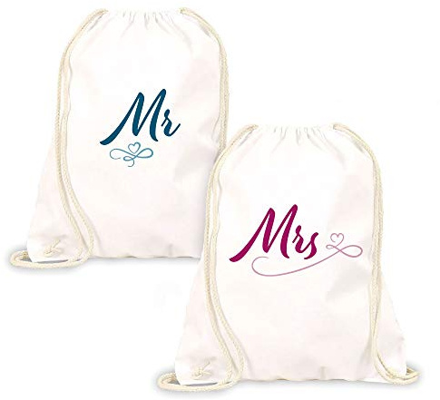 STEMPEL-FABRIK Turnbeutel bedruckt - Mrs. und Mr. - Set - Stoffbeutel aus Baumwolle - Sportbeutel - Rucksack - Jutebeutel - Beutel - Geschenkidee - Geschenkset - Geburtstagsgeschenk